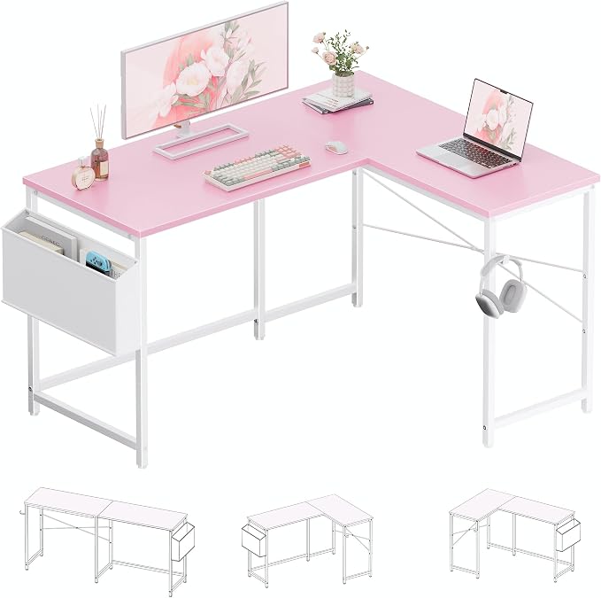 Pamray 47 Inch Reversible L Shaped Gaming Desk Corner Computer Desk with Storage Bag Home Office Table for Writing Study Pink - Image 3