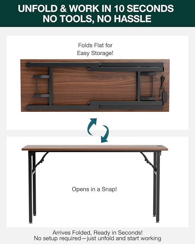 Frylr Small Folding Computer Desk – 55.1 Inch Portable Table for Craft and Study, Lightweight Desk for Small Spaces, Foldable Laptop Table Built-in AC/USB Outlets for Convenience, Dark Walnut - Image 3