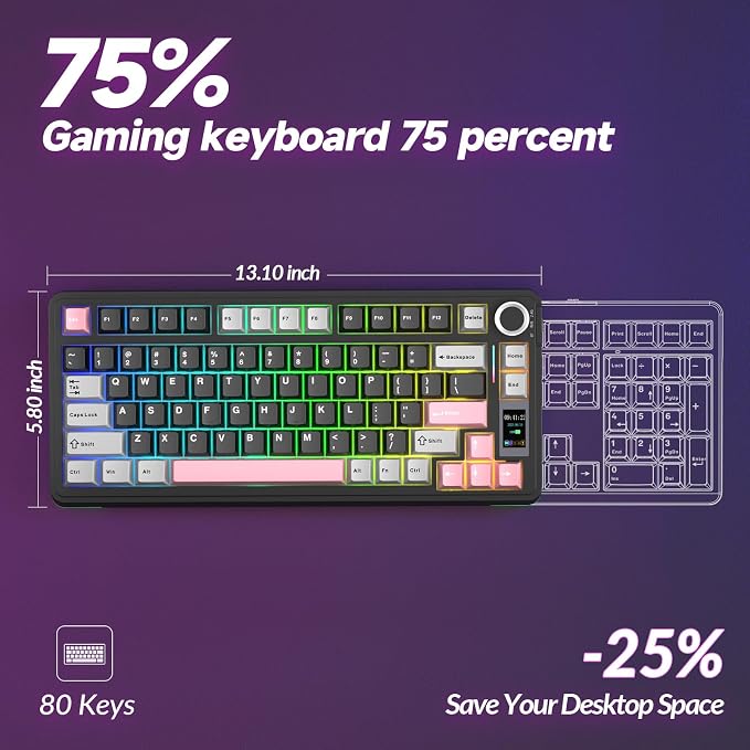 AULA S75 PRO Wireless Mechanical Keyboard with Screen&Knob, 75% Hot Swappable Gaming Keyboard with Pre-lubed Switches, RGB Backlit, PBT Keycaps Creamy Sounding Pc Gaming Keyboards - Image 9