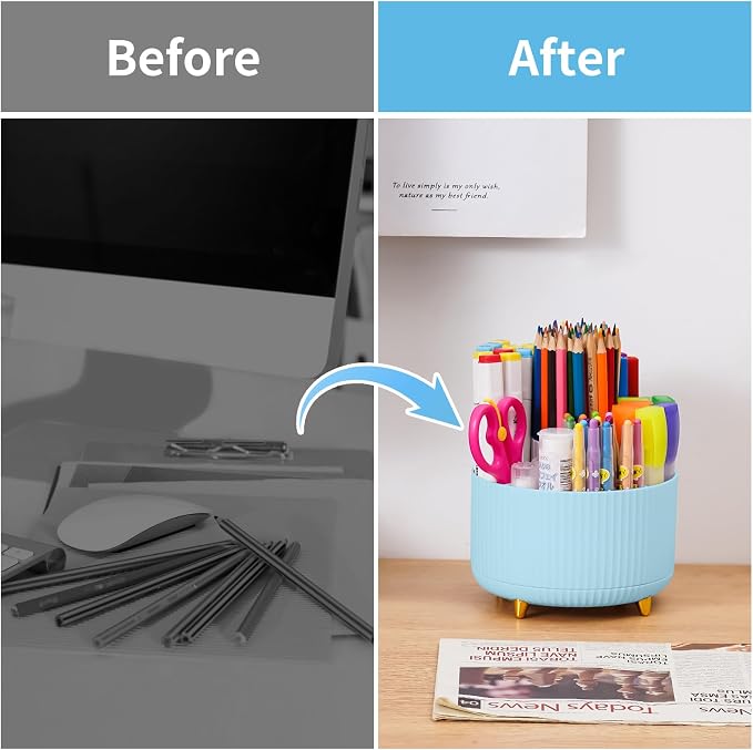Marbrasse Desk Organizer, 360-Degree Rotating Pen Holder, Desk Organizers and Accessories with 5 Compartments Pencil Holder, Art Supply Storage Box Caddy for Office, Home（Light Blue） - Image 7