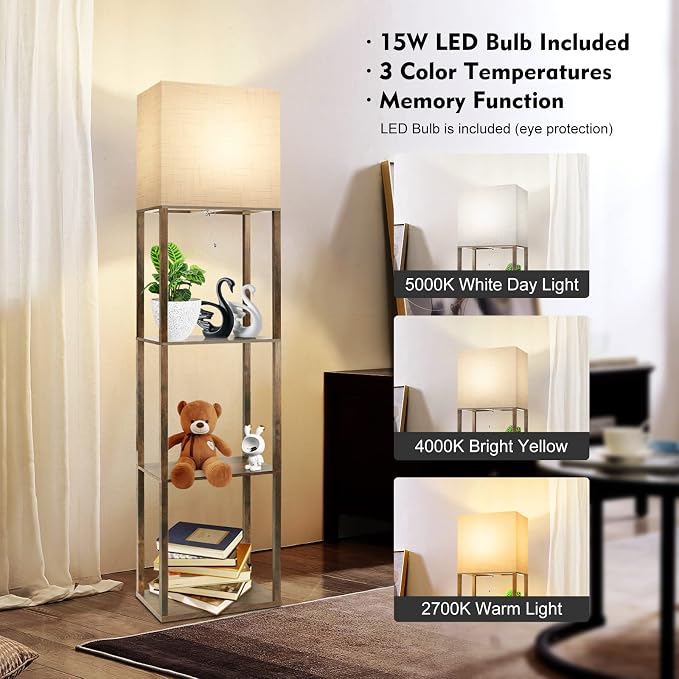 RUNTOP Plus Floor Lamp with Shelves, Modern Shelf Floor Lamp with 15W 3CCT LED Bulb and Memory Function, Wide Shelf Lamp for Display Storage, Standing Lamps for Living Room, Bedroom, Office, Corner - Image 3