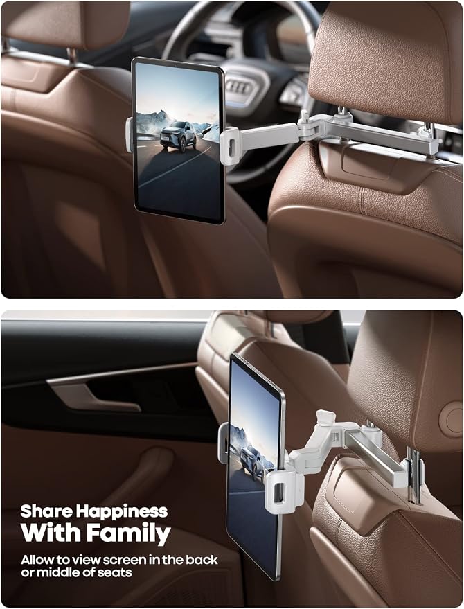 Lamicall Car Headrest Tablet Holder - [Extension Arm] Upgrade Adjustable Tablet Car Mount for Back Seat, Road Trip Essentials for Kids, for 4.7-11" Device like iPad Pro, Air, Mini, Galaxy, Fire, White - Image 3
