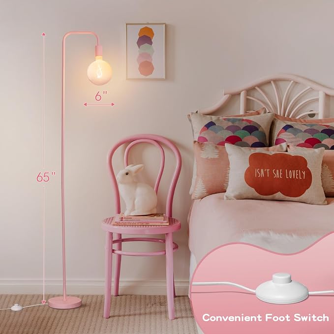 ONEWISH Pink Floor Lamp for Bedroom, Cute Standing Lamp with LED Bulb, Translucent Pink Globe Glass 2700k Warm Lighting. Globe Floor Lamp for Livingroom, Bedroom,Office - Image 4