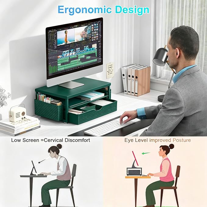 gianotter Desk Organizers and Accessories, Monitor Stand with Drawer and 2 Pen Holder, Desktop Organizer Suitable for Offices and Dormitories (Green-Plain) - Image 2