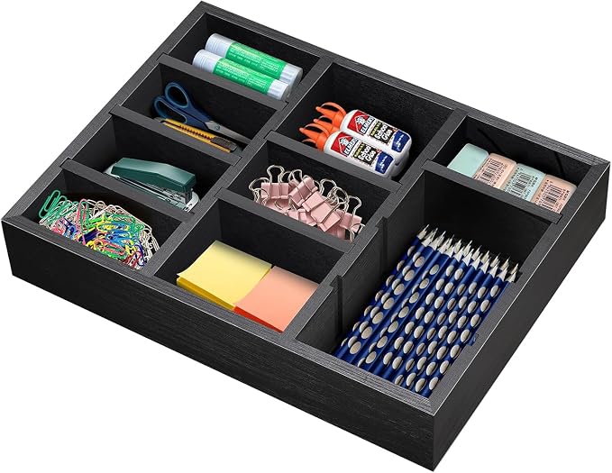 Wooden Desk Drawer Organizer | 9-Slot Desktop Tray | Adjustable Drawer Storage Box for Pens, Keys, Watch, Sticky Notes | Farmhouse Home&Office Decor by Unknown
