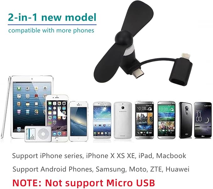 Type USB C 2-in-1 Cell Phone Fan, for iPhone All Series 7 8 X 11 12 13 14 15 16 17 XS XR Plus Mini Pro Max SE, for Samsung Galaxy S, Z Fold Flip, A1/A2/A3/A5 Series, M1/M3/M5, Note Series (Black x6) - Image 3
