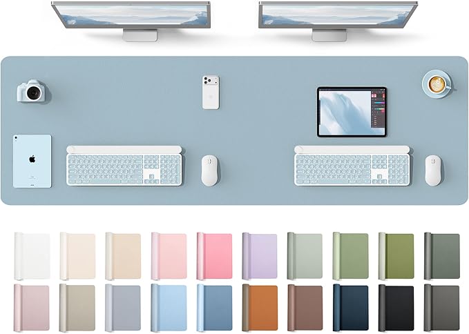 YSAGi Leather Desk Protector, Office Mat, Large Mouse Mat, Non-Slip PU Leather Blotter, Laptop Desk Mat, Waterproof Writing Pad for Office and Home(Ice Blue, 63" x 17.2") by YSAGi