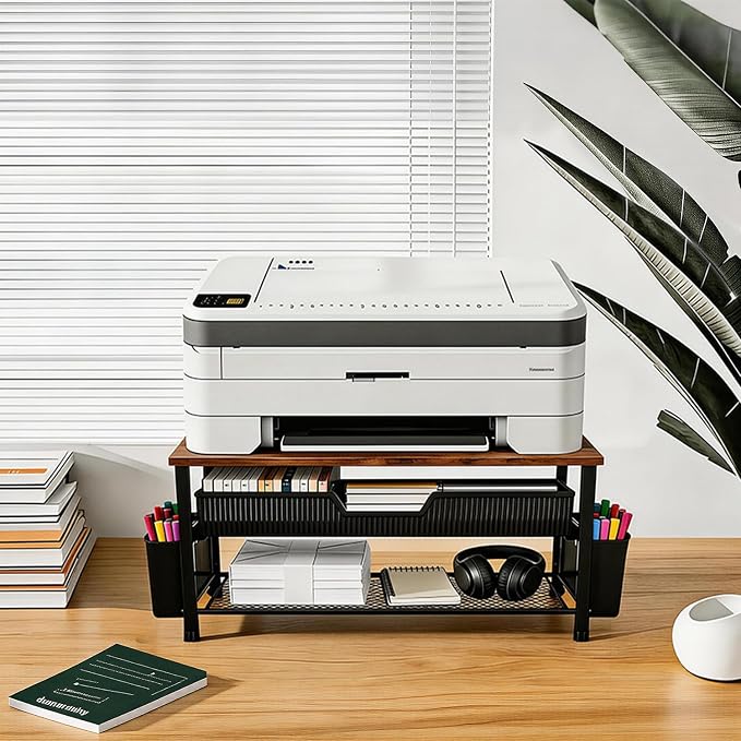 Printer Stand for Desk, Desk Organizer with Storage, Desktop Printer Table for Home Office, Multi-Purpose Shelves for Home Printer, Fax Machine, Scanner, Die-Cut Machine (Brown) - Image 4