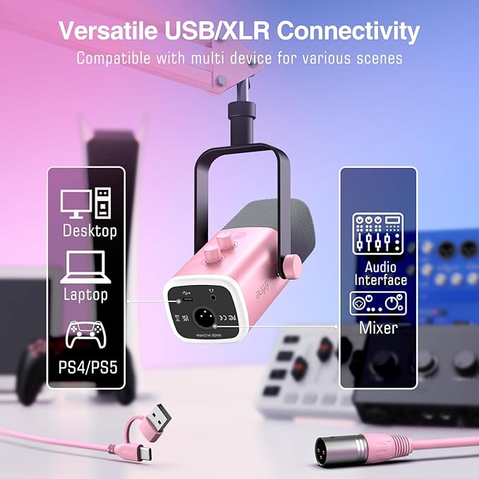 FIFINE AmpliGame AM8TP XLR Gaming Microphone USB PC Dynamic Mic Kit | Streaming RGB Mic with Headphone Jack, Mute Button, Boom Arm Stand for Computer/Mixer, for Vocal, Recording, Podcast, Pink - Image 3