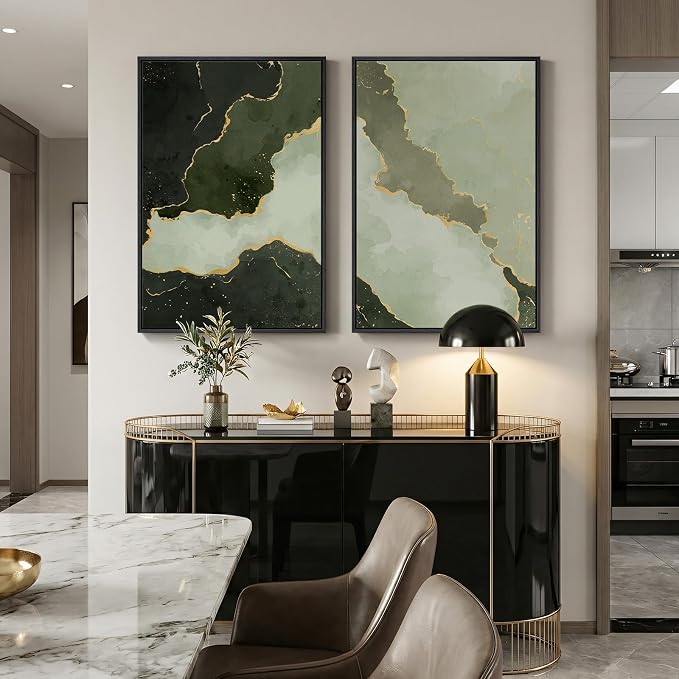 Large Framed Green Abstract Wall Art Set of 2, Modern Canvas Prints Paintings for Walls, Minimalist Sage Green and Gold Abstract Pictures for Living Room Dining Bedroom Hallway Wall Decor 24x36 In - Image 2