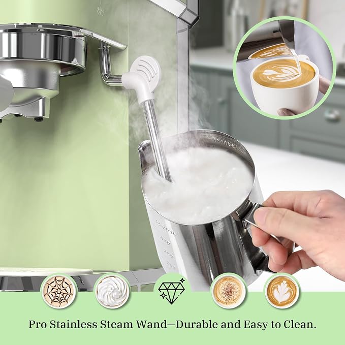 Laekerrt Espresso Machine 20 Bar Espresso Maker CMEP01 with Milk Frother Steam Wand, Professional Expresso Machine for Cappuccino and Latte (Stainless Steel, Green) Gift for Dad, Father, Coffee Lovers - Image 5