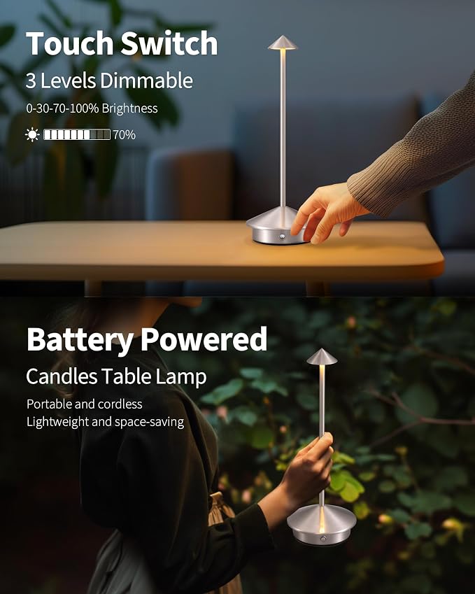 Modern Cordless Table Lamp Set of 2, Brushed Nickel LED Desk Lamps | 5000mAh, Rechargeable, Battery Operated Lighting for Bedroom, Dining Room, Restaurant, Coffee Shop, Camping, Night Light - Image 4