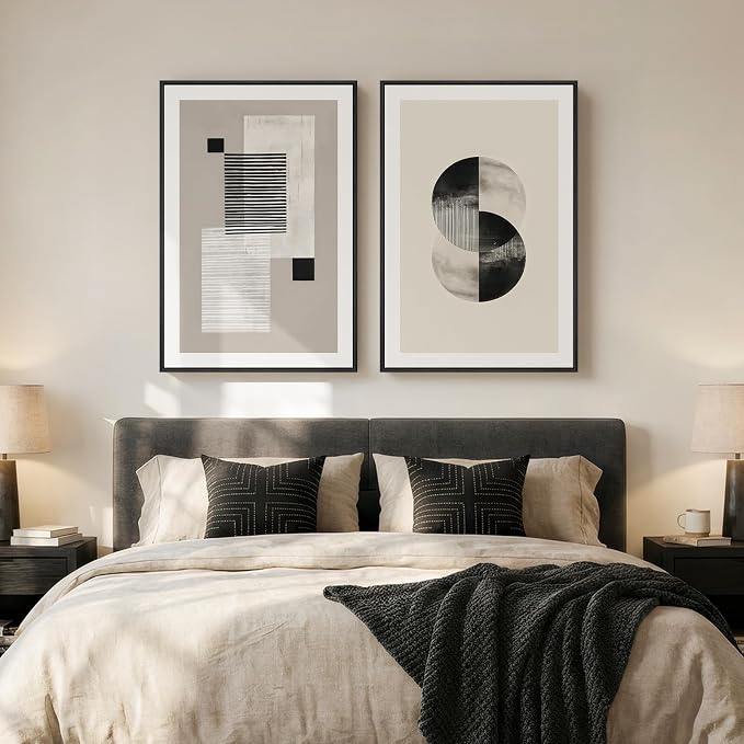Large Framed Black and White Neutral Abstract Wall Art for Living Room, 2 Piece Modern Canvas Prints Artwork for Walls, Beige Minimalist Geometric Pictures for Bedroom Hallway Wall Decor 24x36 In - Image 5