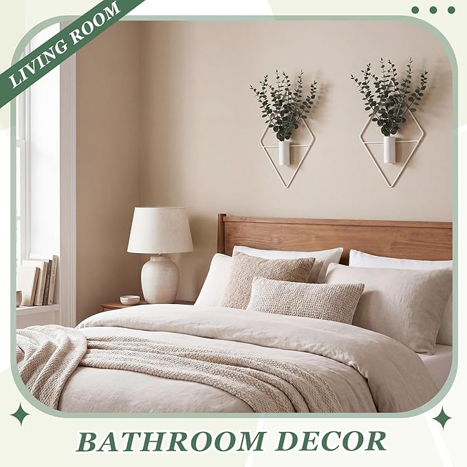 Jexine Hanging Planters with Artificial Eucalyptus Metal Hanging Vase Indoor Plants Holder Modern Geometric Boho Bathroom Wall Decor for Living Room Home Office(Eucalyptus,Matte White,4 Pcs) - Image 5