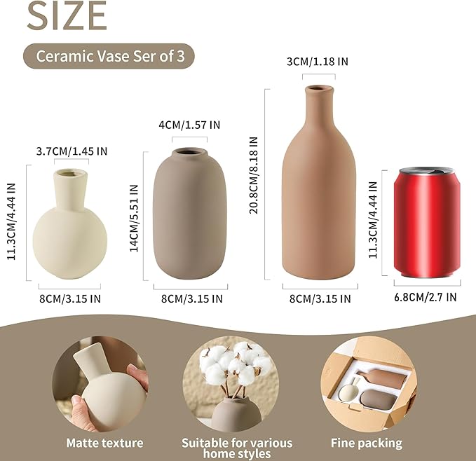 Ceramic Vases Set of 3, Modern Neutral Rustic Farmhouse Home Decor Pottery Pampas Decoration for Living Room, Table, Bathroom, Bedroom, Entryway - Brown - Image 3