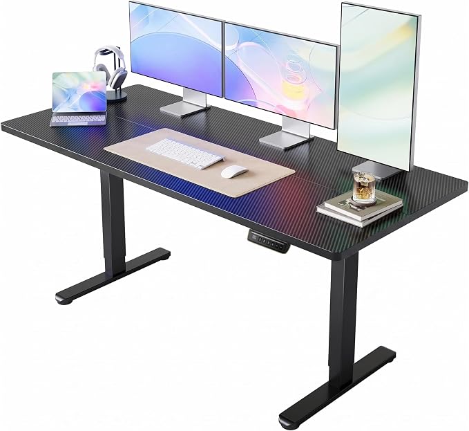 HUANUO Electric Standing Desk, 63" x 28" Height Adjustable Desk, 4 Memory Height Settings, Sit to Stand Up Desk for Home Office, with Headphone Hook, Cable Manager, Carbon Fiber Black by HUANUO