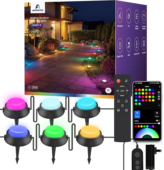 APPECK Outdoor Ground Lights 26 Pack, 58FT RGBCW Pathway Lights Wired | Tunable White Landscape Lights, DIY Scene Modes, IP65 Waterproof, for Path Yard Lawn Patio, Holiday Decor, App/Remote Control by APPECK