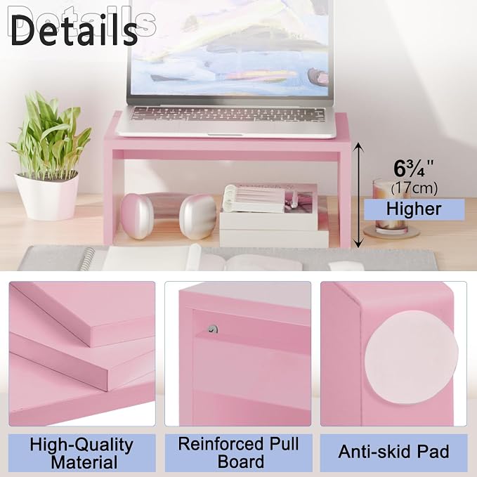 TEAMIX Pink Monitor Stand - 6.7 inch Tall, Wood Riser, Desktop Organizer - Image 5