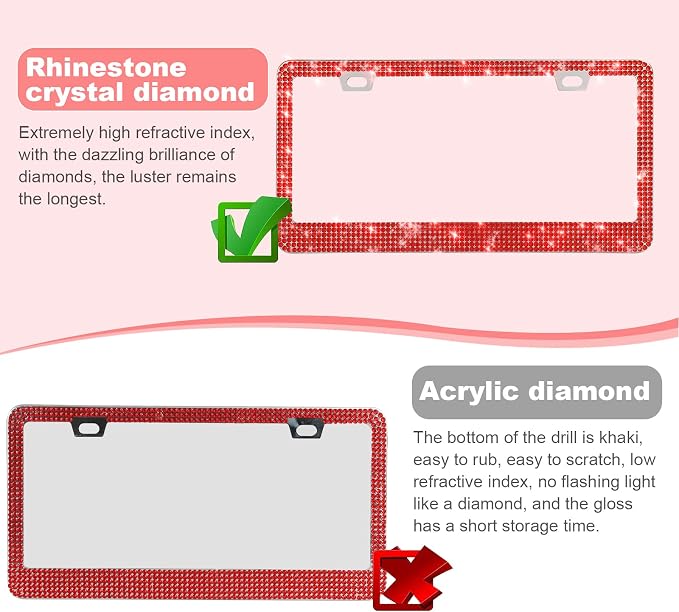 QUANQIUFEI 2 Pack Bling License Plate Frames for Women, Sparkly Rhinestone Diamond Car Accessories with Glitter Crystal Caps (Red) - Image 3