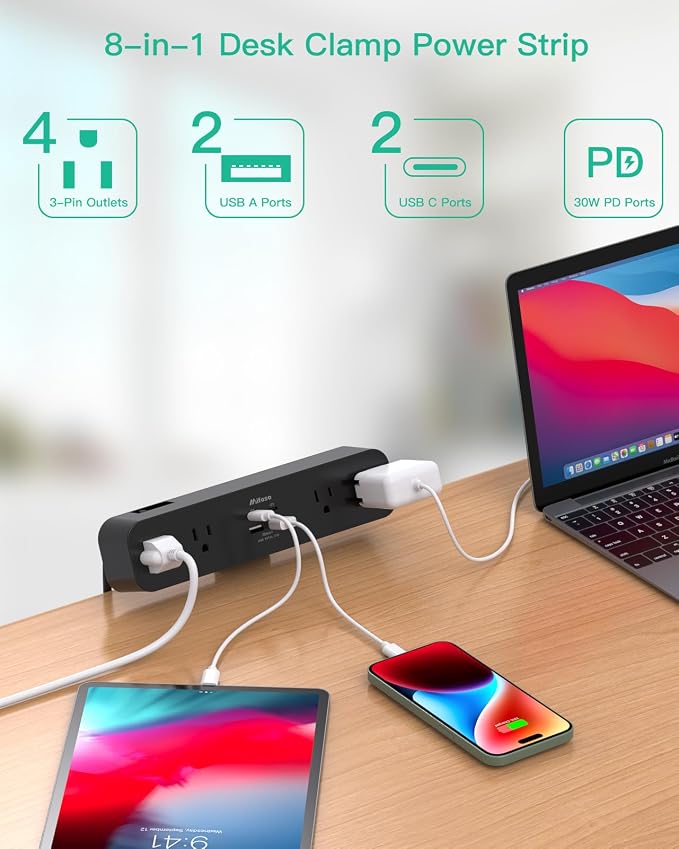 Mifaso PD30W Desk Clamp Power Strip, Surge Protector, Fast Charging Station | 4 Outlets, 4USB (2USBC), Desk Organizer Gaming Accessories Office Essentials, 5FT Cord, Fits 1.96" Tabletop Edge Shelf, Black - Image 3