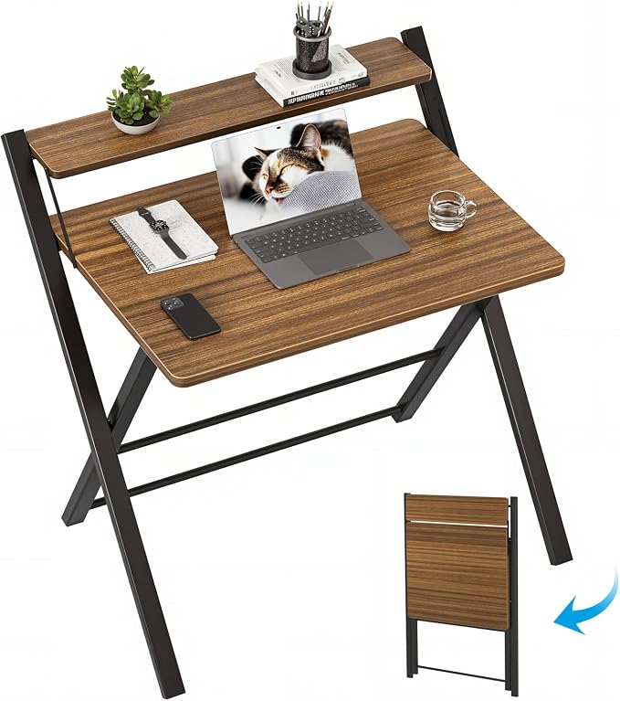 GreenForest Folding Desk No Assembly, Sturdy Computer Desk for Small Spaces | Portable Foldable Table for Laptop, 2-Tier Compact with Shelf, Space Saving for Home Office, Dorm, Apartment, 27"x 22" Walnut by GreenForest