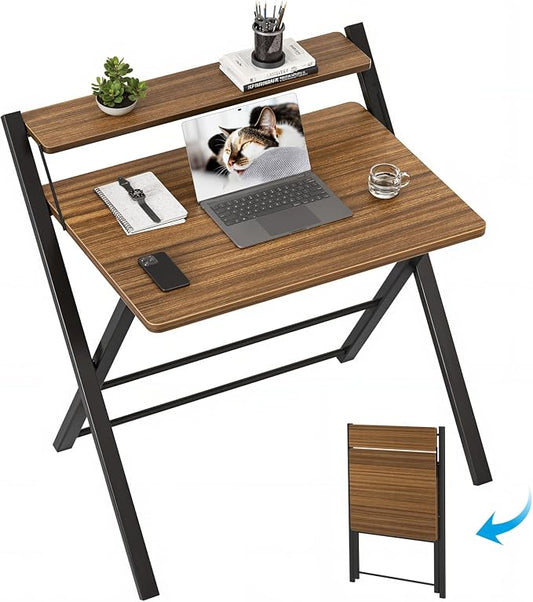 GreenForest Folding Desk No Assembly, Sturdy Computer Desk for Small Spaces | Portable Foldable Table for Laptop, 2-Tier Compact with Shelf, Space Saving for Home Office, Dorm, Apartment, 27"x 22" Walnut by GreenForest