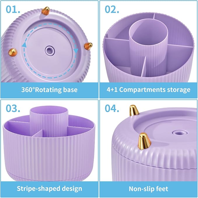 Marbrasse Desk Organizer, 360-Degree Rotating Pen Holder, Desk Organizers and Accessories with 5 Compartments Pencil Holder, Art Supply Storage Box Caddy for Office, Home（Purple） - Image 5