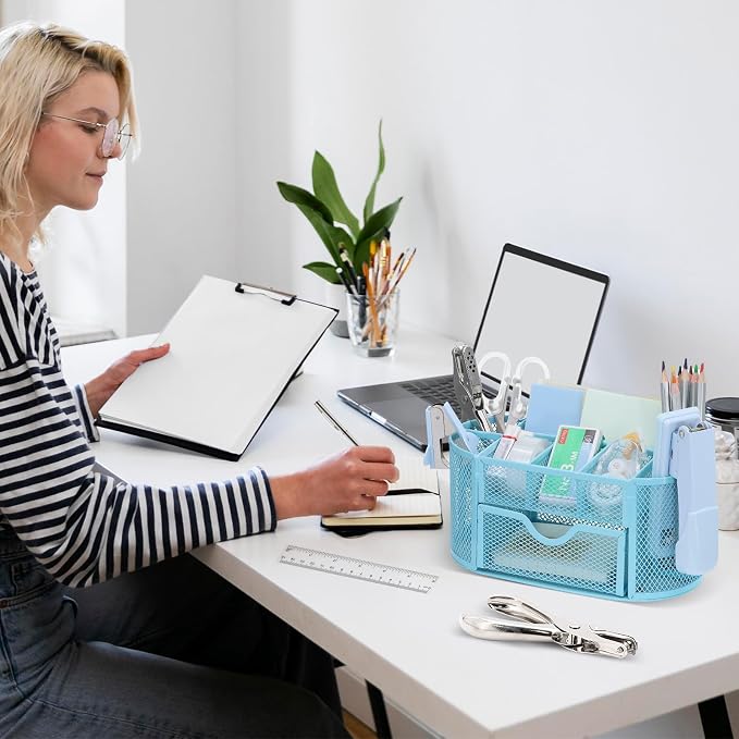 17 in 1 Blue Desk Organizers and Accessories Set, 3 Office Desk Supplies Storage Organization, 4 Pens, Stapler, Staples & Remover, Tape & Dispenser, Scissors, Ruler, Clips, Hole Punch, Back to School - Image 9