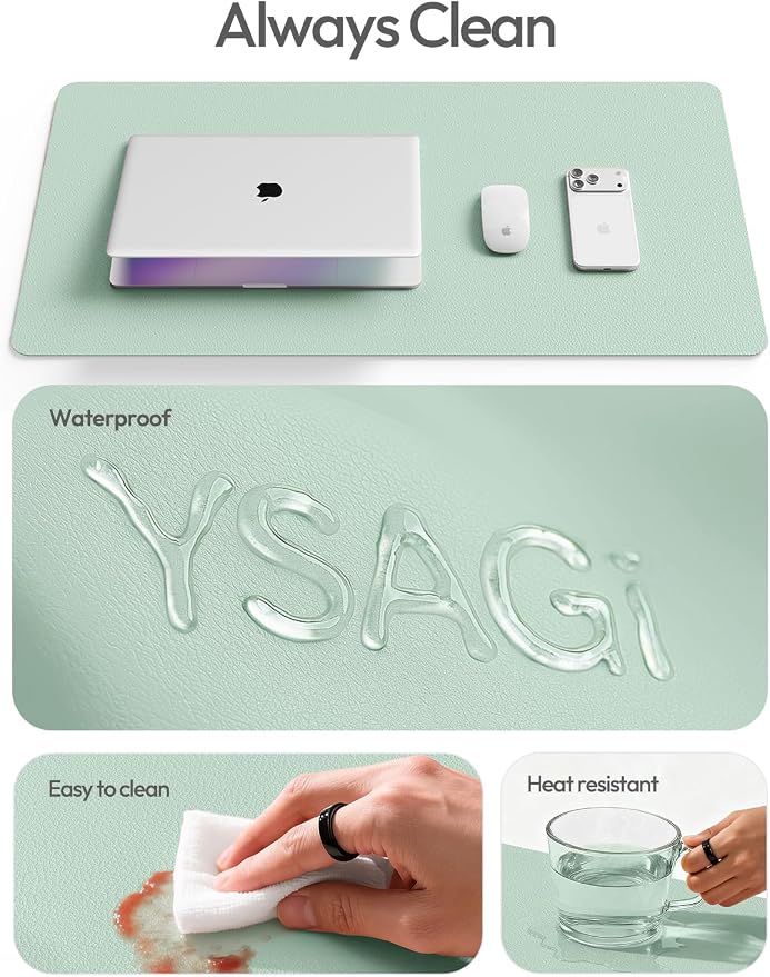 YSAGi Leather Desk Protector, Office Mat, Large Mouse Mat, Non-Slip PU Leather Blotter, Laptop Desk Pad, Waterproof Writing Pad for Office and Home (Pale Green, 47" x 17") - Image 7