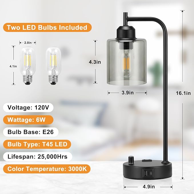 Industrial Desk Lamps for Office Set of 2 - Fully Dimmable Bedside Lamps with USB A C Ports and Outlet, Black Nightstand Lamps with Grey Glass Shade for Living Room, Table Lamps for Bedrooms Reading - Image 7