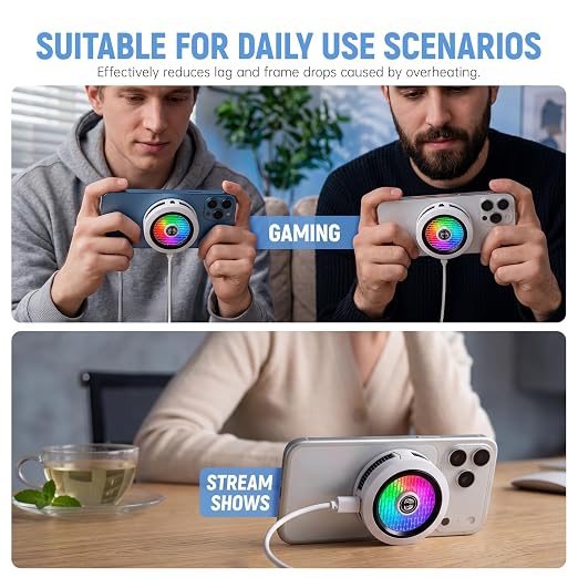 Phone Cooler for Gaming, Low Noise USB Cell Phone Cooler with Smart Temp Control, Phone Cooling Fan with RGB LED Lights, Magnetic Ring & Clip Fan for Phone Gaming & Streaming (White) - Image 8