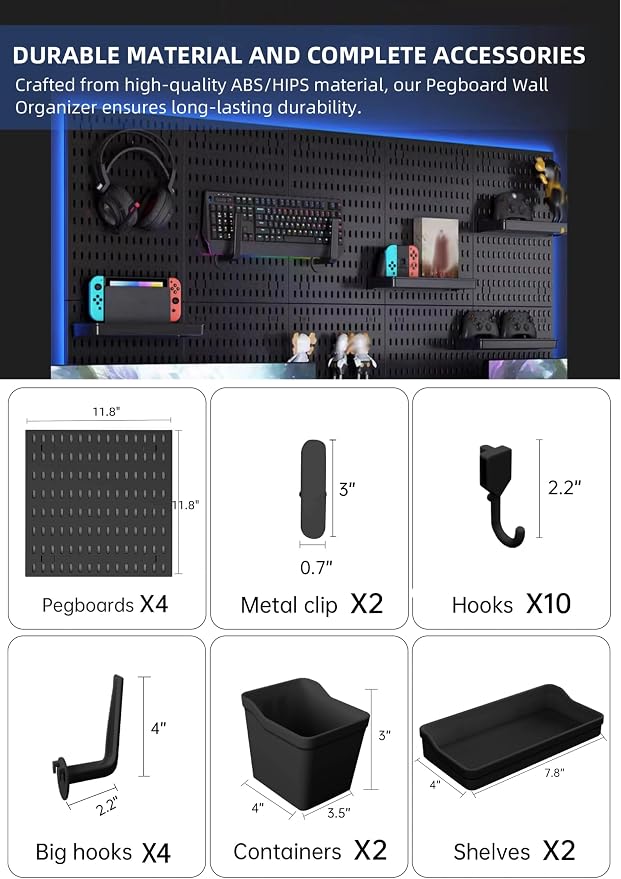 Pegboard Wall Organizer Kit, Modular Storage System, Black | 4 Modular 11.8" Pegboards with Hooks & Storage Baskets, Durable ABS/HIPS for Gaming, Office, Craft & Home Organization - Image 2