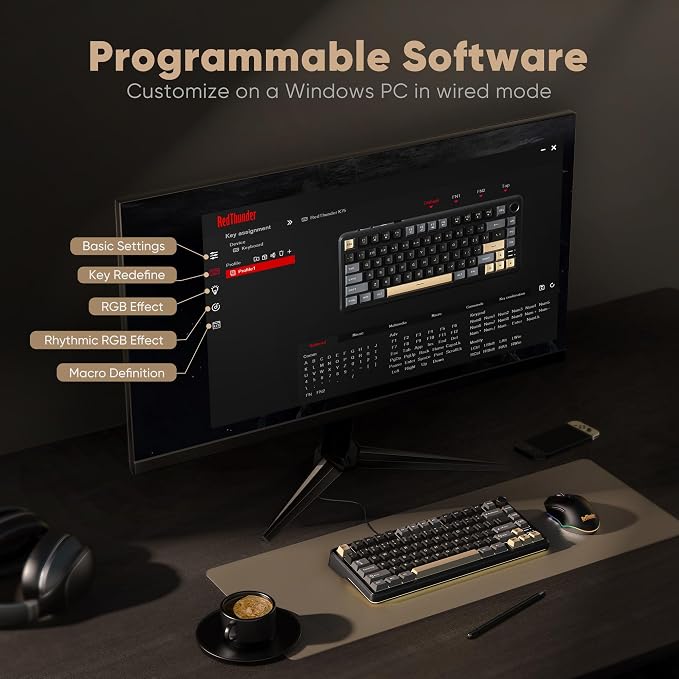 RedThunder K75 Wireless Mechanical Keyboard, CNC Knob, Tri-Mode BT5.0/2.4GHz/USB-C Hot Swappable Custom, Pre-lubed Linear Coconut Switches, Gasket Structure, RGB Gaming Keyboard, Black-Gold - Image 9