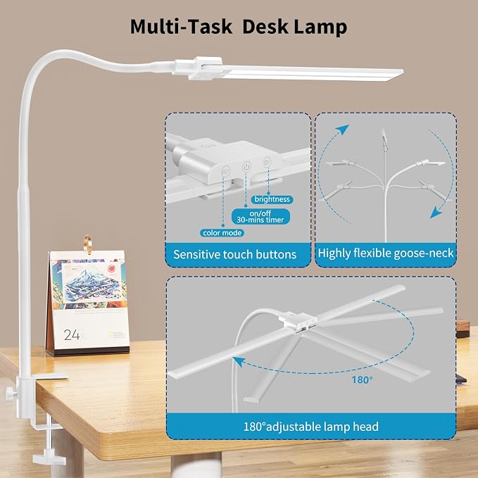 KableRika Desk lamp,Double Head LED Desk Lamp with Clamp,Architect Desk Lights for Home Office,Eye-Caring Desktop Office Lamp 4-Brightness 4-Color Table Lamp for Monitor Workbench Reading White - Image 7