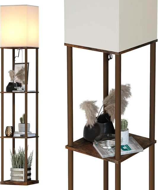 SUNMORY Floor Lamp with Shelves, Modern Square Standing Lamp with 3 Color Temperature Bulb, Corner Display Bookshelf Lamp for Living Room and Bedroom (Rustic Brown) by SUNMORY