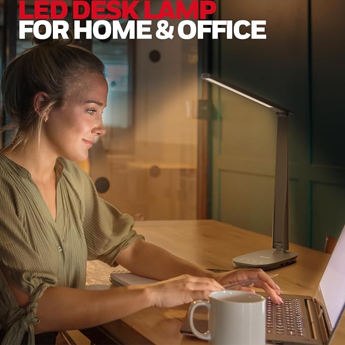 Honeywell HWT-H2 LED Desk Lamp for Home Office, CRI94 Full Spectrum Eye-Caring Light, Dimmable Table Lamp with USB-A & USB-C Charging Ports, Foldable Touch Control Reading Lamp, Black - Image 6