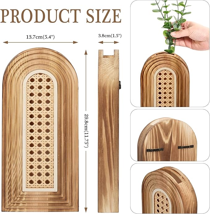 Dnnnii 2 Pack Wooden Wall Vase Set - Brown Finish Hollow Rattan Modern Farmhouse & Boho Wall Decor for Entryway, Hallway, Bathroom, Living Room, Dining Room, Narrow Spaces - Image 2