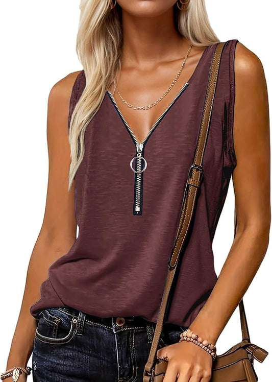 Halife Womens Half Zip V Neck Tank Tops Summer Sleeveless Shirts Casual Loose Top Blouses T Shirts by Halife