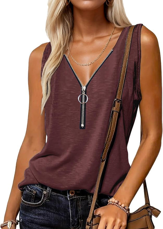 Halife Womens Half Zip V Neck Tank Tops Summer Sleeveless Shirts Casual Loose Top Blouses T Shirts by Halife
