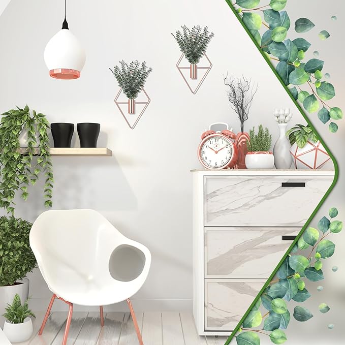 Jexine 4 Pcs Hanging Planters with Artificial Eucalyptus Metal Hanging Vase Indoor Plants Holder Modern Geometric Boho Bathroom Wall Decor for Living Room Home Office (Eucalyptus,Rose Gold) - Image 6