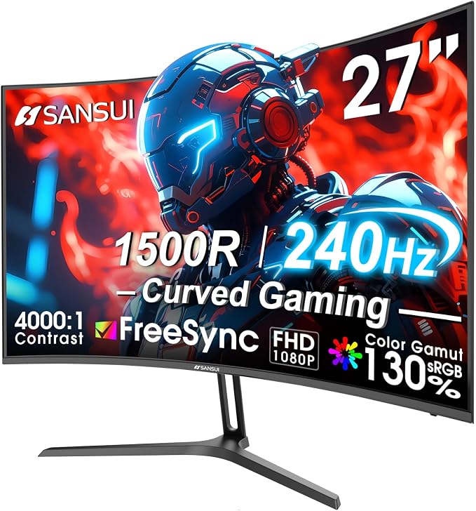 SANSUI 27 Inch Curved 240Hz Gaming Monitor FHD 1080P, 1500R Curve Computer Monitor, 130% sRGB, 4000:1 Contrast, HDR, FreeSync, MPRT 1Ms, Low Blue Light, HDMI DP Ports, Metal Stand, Cable Incl. by SANSUI