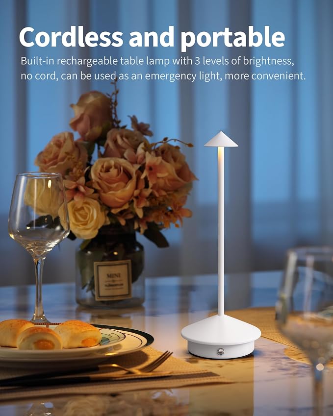 Modern Cordless Table Lamp Set of 2, White Portable LED Desk Lamps | 5000mAh, Rechargeable, Battery Operated Lighting for Bedroom, Dining Room, Restaurant, Coffee Shop, Camping, Night Light - Image 2