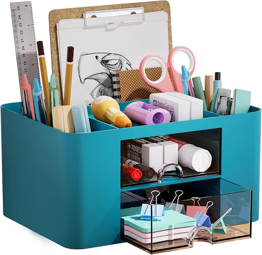 Marbrasse Pen Organizer with 2 Drawer, Multi-Functional Pencil Holder for Desk, Desk Organizers and Accessories with 5 Compartments + Drawer for Office Art Supplies (Dark Green) by Marbrasse