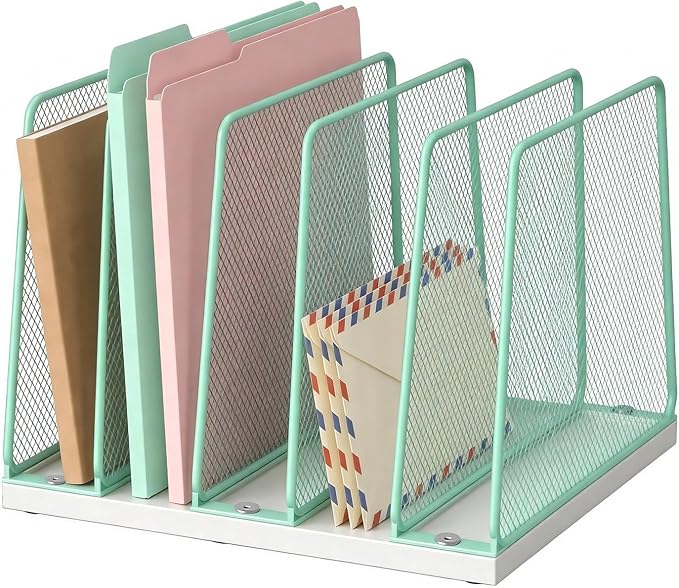 LEKETREE Desk File Organizer, 5-Section Upright File Sorter, Vertical File Folder Holder, Mesh Metal Wood Office Desktop Organization for Document, Magazine, Books and more (Mint) by Stylishworkspaceeffortlessorganization