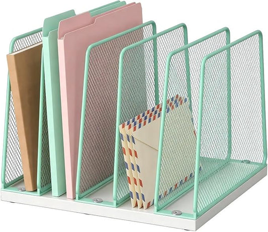 LEKETREE Desk File Organizer, 5-Section Upright File Sorter, Vertical File Folder Holder, Mesh Metal Wood Office Desktop Organization for Document, Magazine, Books and more (Mint) by Stylishworkspaceeffortlessorganization