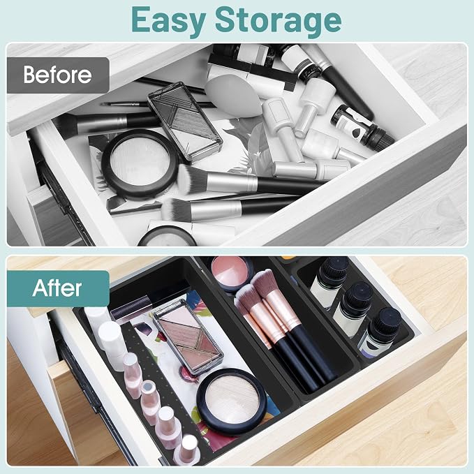 WOWBOX 25 PCS Plastic Drawer Organizer Set, Desk Drawer Divider Organizers and Storage Bins for Makeup, Jewelry, Gadgets for Kitchen, Bedroom, Bathroom, Office, Deep Black - Image 4