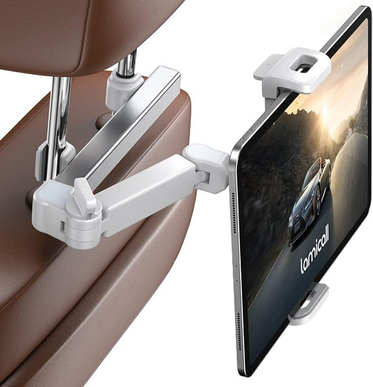 Lamicall Car Headrest Tablet Holder - [Extension Arm] Upgrade Adjustable Tablet Car Mount for Back Seat, Road Trip Essentials for Kids, for 4.7-11" Device like iPad Pro, Air, Mini, Galaxy, Fire, White by Lamicall