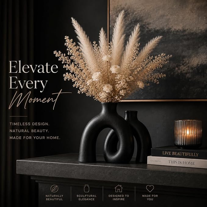 Jas & Jax Matte Black Ceramic Hug Donut Vase Set – Nordic Boho Home Decor, Pampas Grass & Dried Flowers Centerpiece for Living Room, Console Table, Bookshelf or Mantel - Image 2