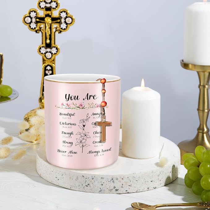 Ceramic Pen Holder for Desk Cute, Pencil Holder Cup, Makeup Brush Holder Pink, Multi-Functional Organizer for Office, Religious Style - Image 2