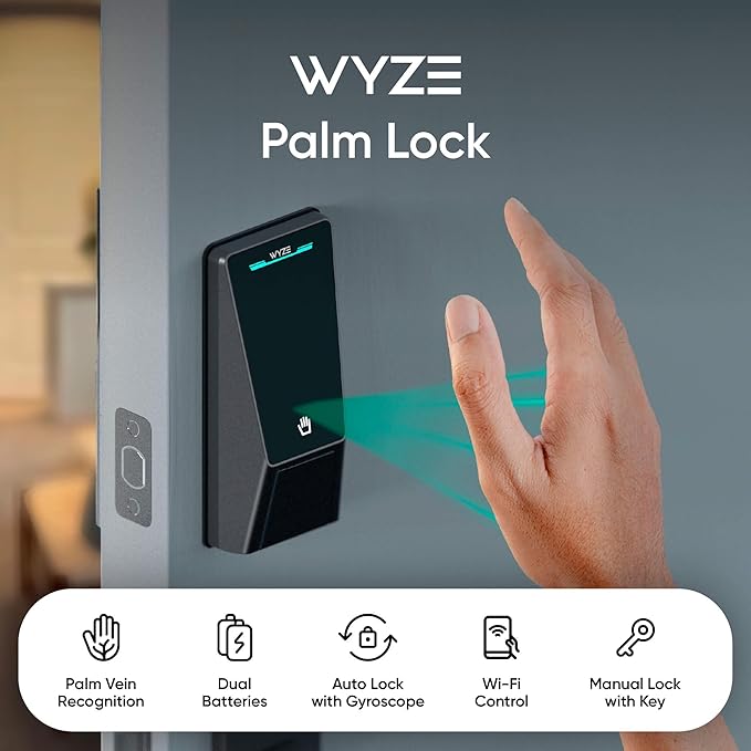 Wyze Palm Lock, Smart Door Lock with Palm Vein Recognition, Keyless Entry Smart Locks for Front Door, Keypad, Auto Lock, Dual Battery, Wi-Fi, Works with Alexa & Google, BHMA, IP53, Mechanical Key - Image 2